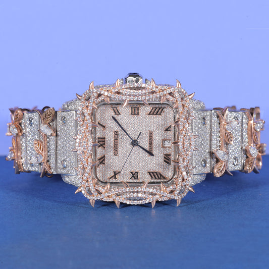 Thorn Leaf Iced Out Watch VVS Moissanite Custom Rose Gold and Silver Roman Dial Luxury Men’s Designer Timepiece SwanDiamond