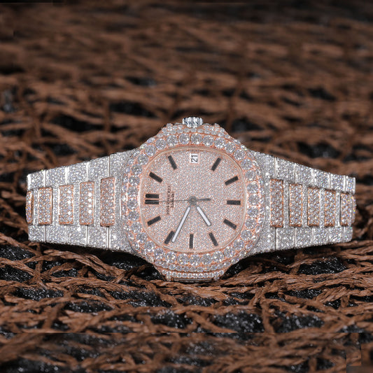 Rose Gold Custom Iced Out Luxury Watch – Full Diamond Bezel & Bracelet Timepiece for Bold Style SwanDiamond