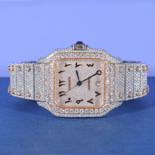 Arabic Dial Iced Out Watch VVS Moissanite Custom Rose Gold and Silver Men’s Luxury Timepiece Elegant Designer Style SwanDiamond