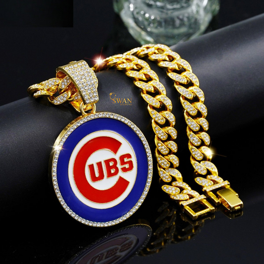 Cubs Iced Out Pendant Necklace with Gold Diamond Cuban Link Chain Hip Hop Jewelry Baseball Team Bling Custom Luxury Necklace swandiamond