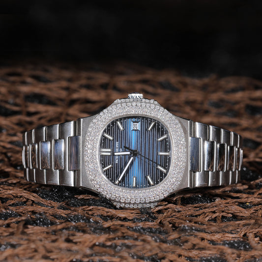 Blue Gradient Dial Luxury Watch with Diamond Bezel and Stainless Steel Bracelet SwanDiamond