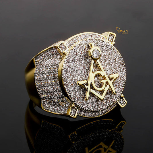Iced Out Masonic Gold Hip Hop Ring with Full Diamond Pave Bling Round Face Statement Jewelry for Men Freemason Rapper Style SwanDiamond