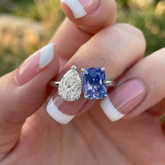 Toi Et Moi Lab Grown Diamond Ring Pear and Radiant Blue Diamond Engagement Ring in 18K White Gold for Her
