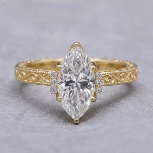 Marquise Cut Lab Grown Diamond Vintage Engagement Ring in 18K Yellow Gold Milgrain Floral Ring for Women