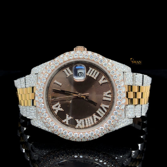 Luxury Two Tone Diamond Watch Fully Iced Out with Brown Dial Roman Numerals and Custom Jubilee Bracelet SwanDiamond