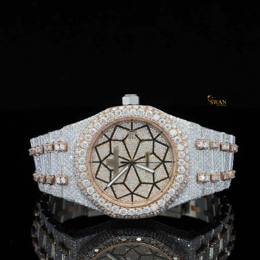 Luxury Iced Out Diamond Watch Two Tone Rose and White Gold Automatic with Unique Geometric Dial Custom Hip Hop Jewelry Gift swan diamond