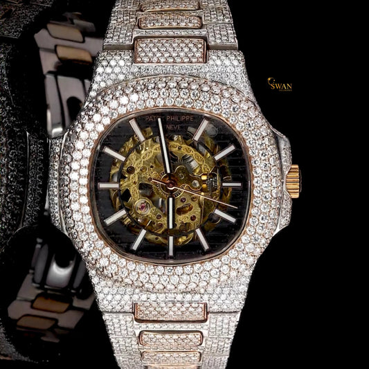 Luxury Iced Out Rose Gold Diamond Watch with Green Dial Full Pave Bracelet Custom Bezel High End Jewelry Gift for Men and Women swandiamond