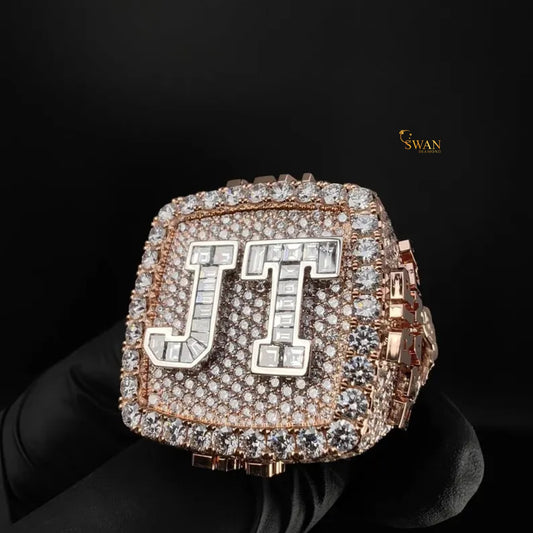 Iced Out JT Initial Hip Hop Ring in Rose Gold with Full Diamond Pave Sparkle Custom Letter Bling Statement Jewelry for Men Rapper Style SwanDiamond