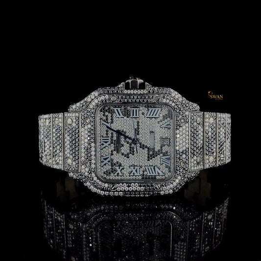 Luxury Cartier Santos Iced Out Watch Fully Covered in Black Diamonds with Roman Dial Custom Designer Jewelry by SwanDiamond