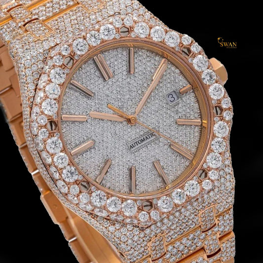 Two Tone Arabic Dial Diamond Watch Fully Iced Out with Baguette Accents and Gold Details SwanDiamond