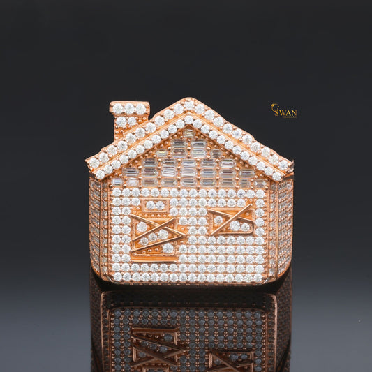 Custom Trap House Hip Hop Ring Iced Out & Rose Gold and Diamond Baguette Bling Statement Jewelry for Rappers and Street Kings SwanDiamond