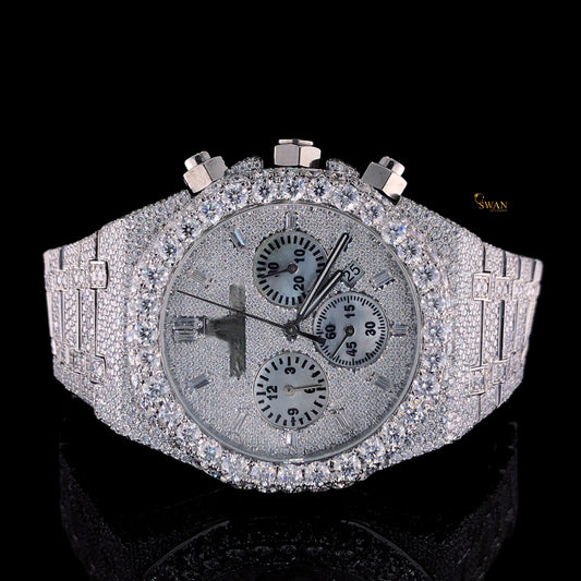 Mens Silver Diamond Watch Iced Out Chronograph Luxury Custom Fully Paved Bracelet High End Hip Hop Jewelry Timepiece SwanDiamond