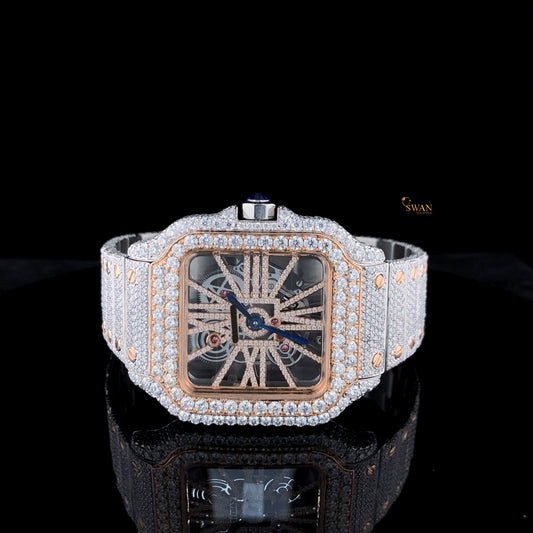 Luxury Diamond Cartier Santos Skeleton Watch Fully Iced Out Two Tone Rose Gold and Silver Case SwanDiamond Exclusive