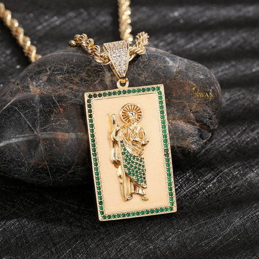 Hip Hop Jewelry Gold Saint Pendant with Green Accents Iced Out Rectangle Religious Bling Necklace Custom Statement Chain for Men swandiamond