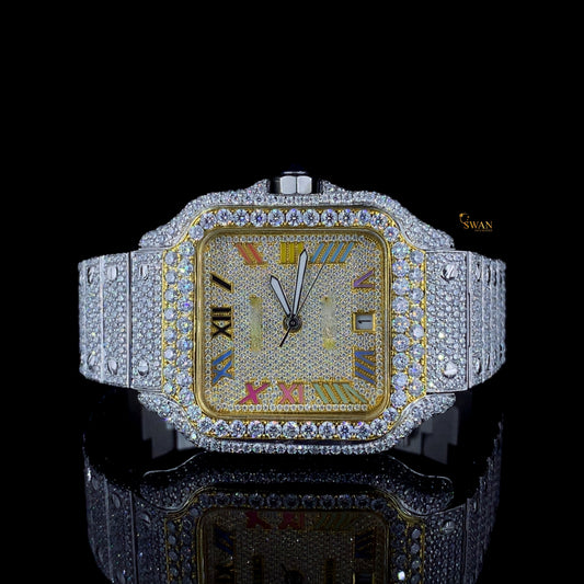 Custom Cartier Santos Diamond Watch Fully Iced Out Two Tone Rainbow Roman Dial Luxury Mens Timepiece SwanDiamond