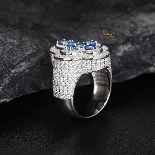 Iced Out Blue Stone Hip Hop Ring with Diamond Pave Cross Design Luxury Silver Bling Statement Jewelry for Men Rapper Urban Style SwanDiamond