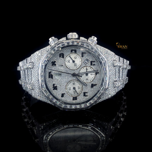 Luxury Iced Out Diamond Chronograph Watch with Baguette Bezel Full Pave Dial and Bracelet Bold Octagon Style Timepiece SwanDiamond