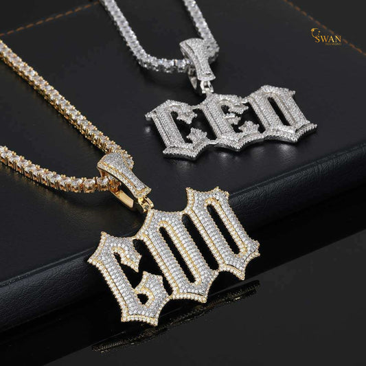 Custom Luxury Hip Hop CEO and GOD Pendant Fully Iced Out in Gold and Silver with VVS Moissanite Diamonds Necklace for Men swandiamond