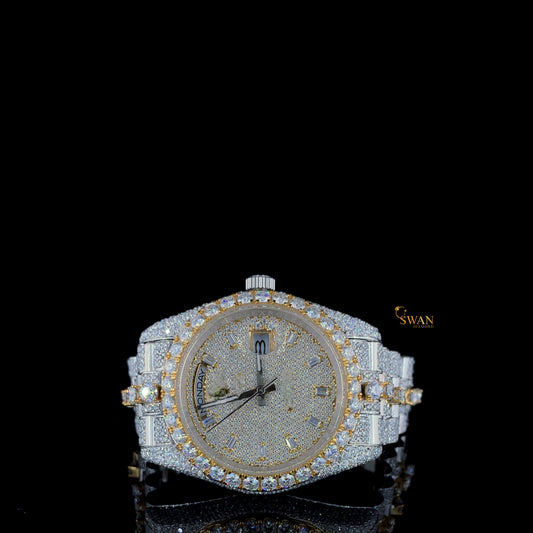 and ending with a strong keyword): Luxury Two Tone Iced Out Diamond Watch Fully Paved with Round Cut Stones Custom Bracelet High End Jewelry Gift Timepiece SwanDiamond