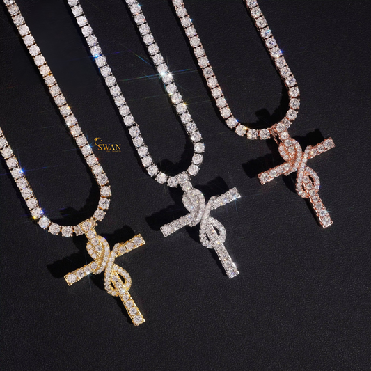 Natural Diamond Tennis Chain with Custom Cross Pendant in White Gold Yellow Gold and Rose Gold Iced Out Hip Hop Jewelry Necklace for Men and women swandiamond