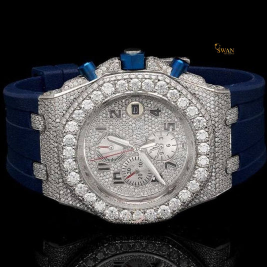 Luxury Iced Out Diamond Chronograph Watch with Blue Rubber Strap Full Pave Dial Large Round Bezel Stones Sporty Bold Style SwanDiamond