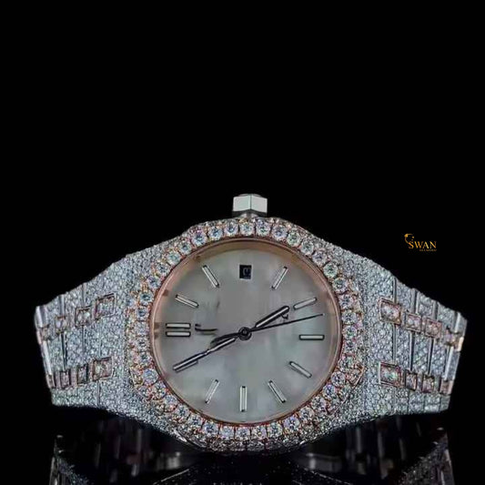 Luxury Two Tone Silver and Rose Gold Iced Out Diamond Watch with Mother of Pearl Dial Full Pave Bracelet Custom Bezel High End swandiamond