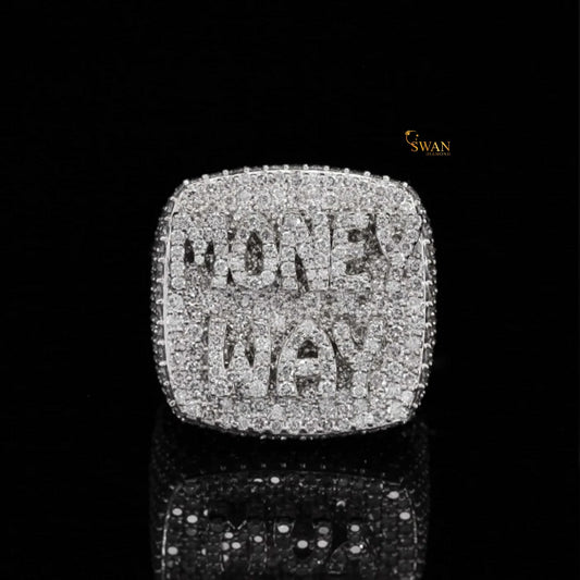 Iced Out Money Way Hip Hop Ring in White Gold with Full Diamond Pave Custom Letter Bling Sparkle Statement Jewelry for Men Rapper Style SwanDiamond