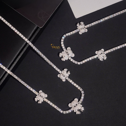 Teddy Bear Diamond Tennis Bracelet White Gold Cute Luxury Jewelry for Men and Women Playful Statement Design swandiamond