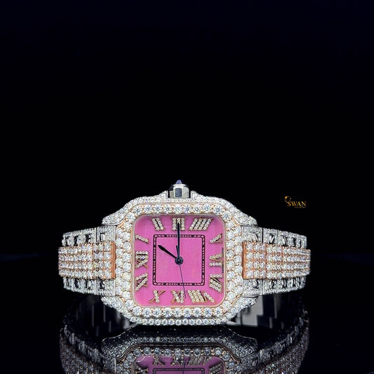Cartier Santos Iced Out Watch Pink Dial Diamond Roman Numerals Two Tone Rose Gold Bracelet Luxury Custom SwanDiamond