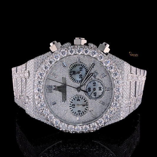 Mens Silver Diamond Watch Iced Out Chronograph Custom Fully Paved Bracelet Luxury Hip Hop Jewelry Timepiece SwanDiamond