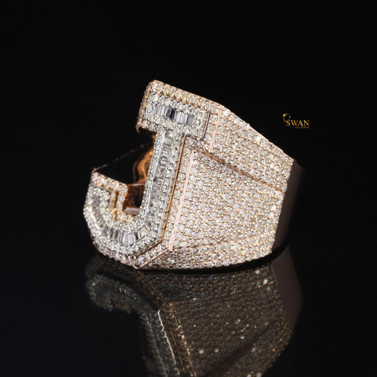 Custom Letter J Hip Hop Ring Iced Out Baguette and Round Diamond Gold Bling Statement Jewelry for Rappers and Street Style SwanDiamond