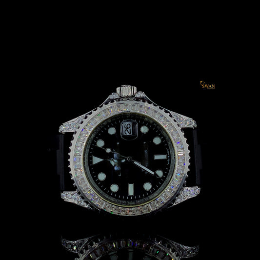Luxury Rolex Yacht Master Custom Iced Out Watch Black Dial Diamond Bezel Rubber Strap Men’s Jewelry Gift SwanDiamond