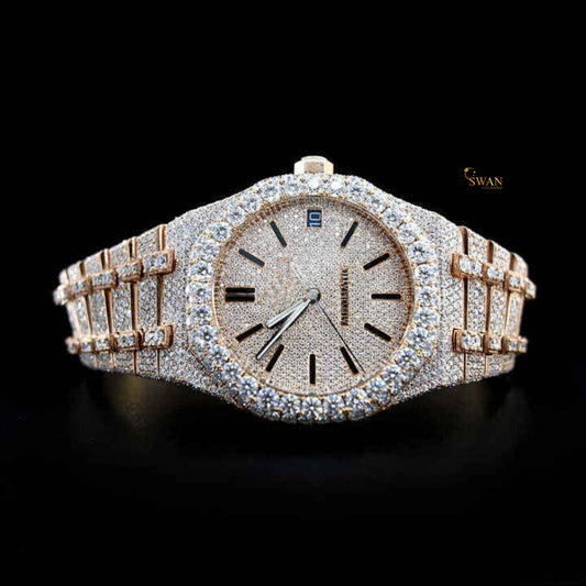 Rose gold luxury diamond watch fully iced out with sparkling bezel and elegant bracelet design crafted for timeless sophistication SwanDiamond