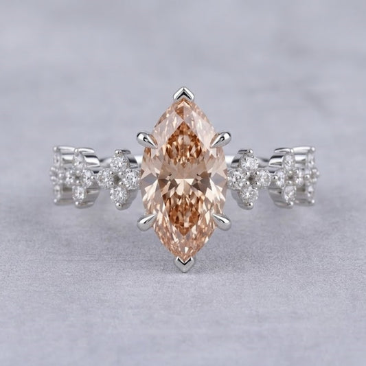 Pink Marquise Cut Lab Grown Diamond Ring in 18K White Gold Floral Diamond Engagement Ring for Women