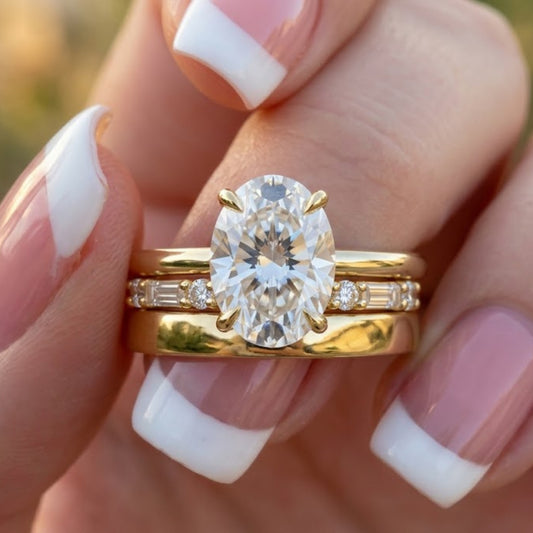 Oval Cut Lab Grown Diamond Engagement Ring Set with Pave Wedding Band in 14K Yellow Gold