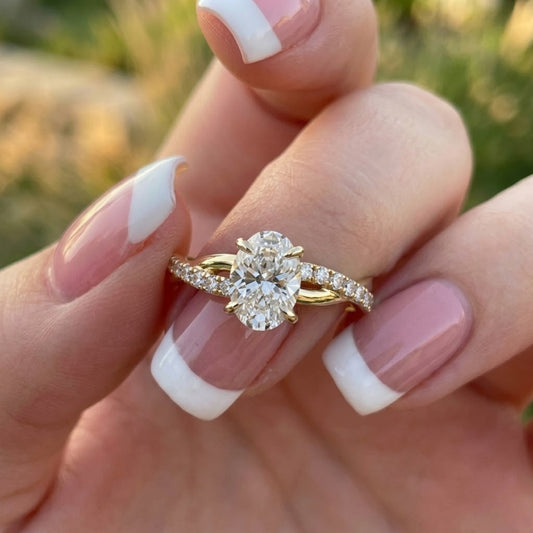 Oval Cut Lab Grown Diamond Engagement Ring in 18K Yellow Gold Twisted Pave Band Bridal Ring for Women