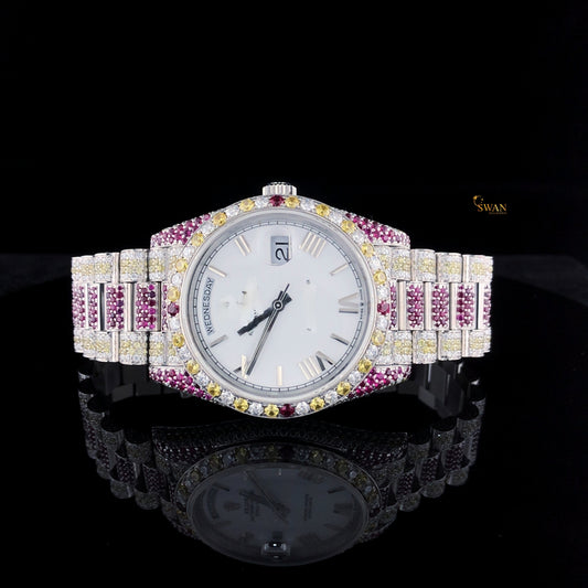 Mens Multicolor Diamond Watch Iced Out Ruby and Yellow Accents White Dial Custom Luxury Hip Hop Jewelry Bracelet SwanDiamond