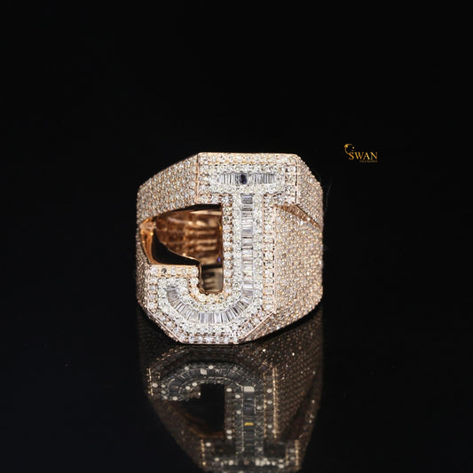 Custom Letter J Hip Hop Ring Iced Out Baguette and Round Diamond Gold Bling Statement Jewelry for Rappers and Street Style SwanDiamond