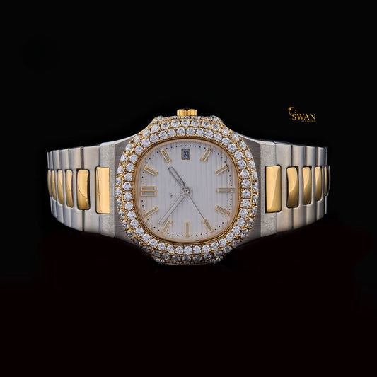 Two Tone Diamond Bezel Luxury Automatic Watch with Gold Accents and Stainless Steel Bracelet SwanDiamond