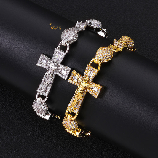 Premium Icy Cross Link Bracelet White Gold and Yellow Gold Plated Diamond Pave Setting Hip Hop Inspired Luxury Jewelry swandiamond
