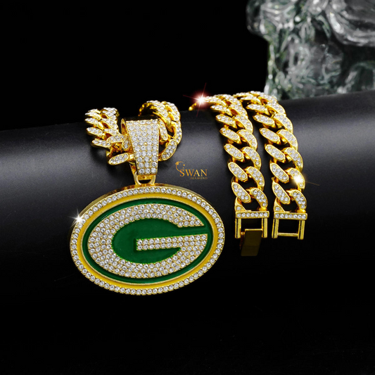 Green Bay Packers Iced Out Pendant with Diamond Cuban Link Chain Luxury Hip Hop Team Bling Necklace for Men swandiamond