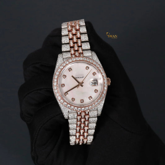 Luxury Two Tone Rose Gold and Silver Diamond Watch with Mother of Pearl Dial Full Iced Out Bracelet and Bezel High End Jewelry swandiamond