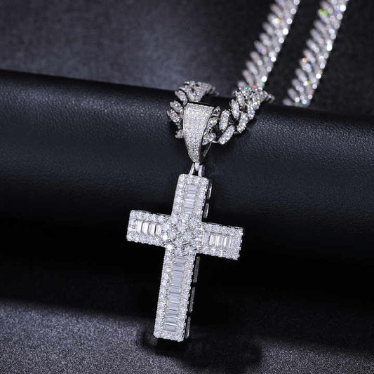925 Sterling Silver Iced Out Moissanite Cross Pendant