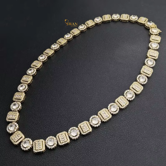 Vintage Inspired Round and Emerald Cut Diamond Tennis Necklace in Yellow Gold Double Halo Statement Jewelry for Men and Women Luxury Gift swandiamond