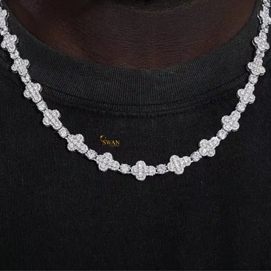 Luxury Clover Design Diamond Tennis Necklace in White Gold Iced Out Flower Style Chain Hip Hop Jewelry Gift for Men and Women swandiamond
