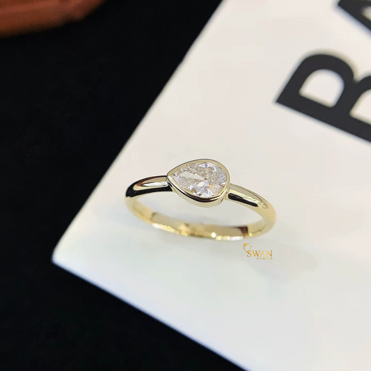 Pear Cut Diamond Engagement Ring in Gold Bezel Set Solitaire Modern Minimalist Jewelry Gift for Her swandiamond