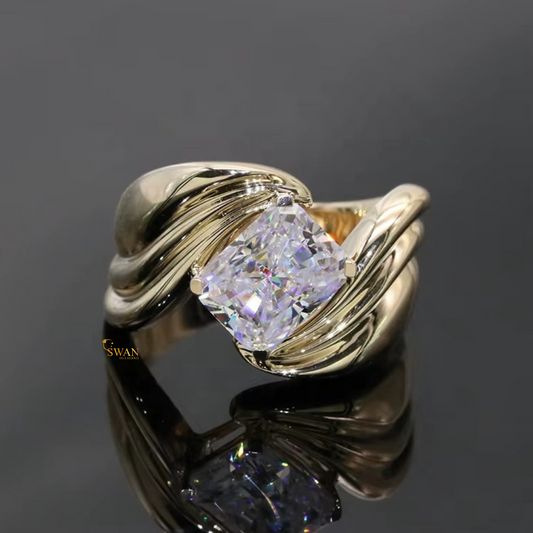 Radiant Cut Diamond Solitaire Engagement Ring in Solid Gold Unique Twisted Bypass Modern Statement Bridal Jewelry Gift for Her