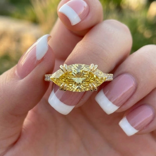 Yellow Marquise Cut Lab Grown Diamond Ring in 18K Yellow Gold Pave Engagement Ring for Women Anniversary Promise Ring