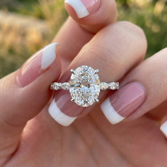 Oval Cut Lab Grown Diamond Engagement Ring White Gold Twisted Diamond Band Bridal Ring Anniversary Jewelry for Her