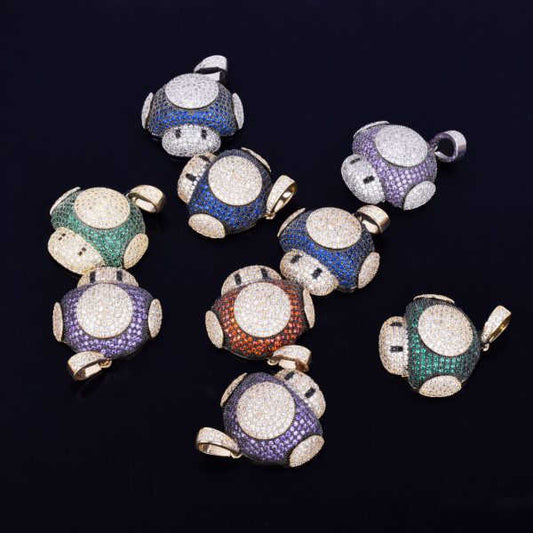 Mario Colorful Round Cut Mushroom Cartoon Pendant with Moissanite Diamond